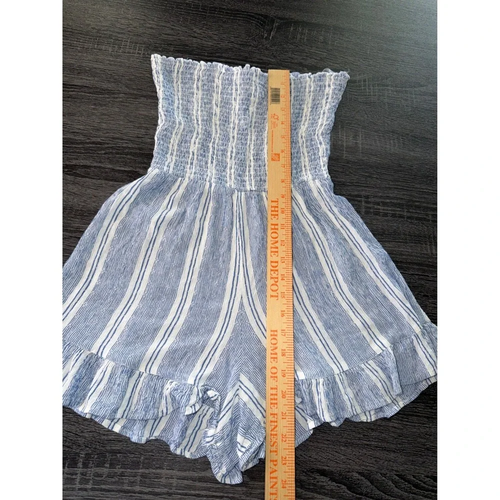 Angie Womens Blue White Striped Smocked Strapless Romper Ruffle Hem Size S - Picture 3 of 6